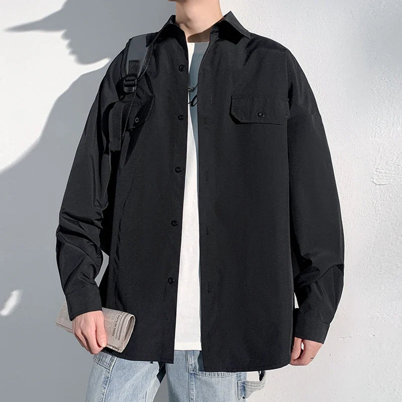 Male Fake Pockets Button Up Shirts Blouses Korean Fashion Black Long Sleeve Shirts Harajuku Oversized Blouses Shirt