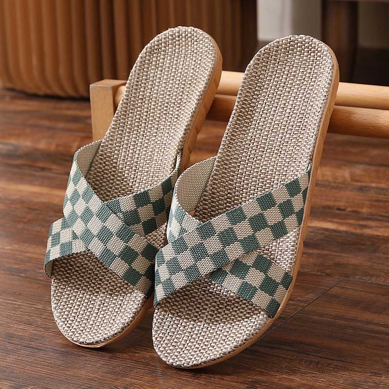 jinran New Checkerboard Linen Slippers Women 2022 Summer Indoor Home Shoes Household Non-slip Couple Four Seasons Men's Sandals Y