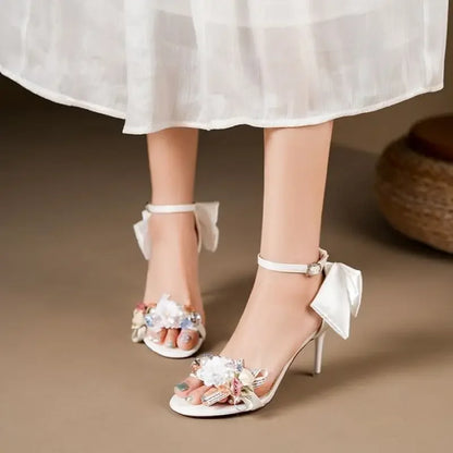 jinran 2024 Summer Fashion Women Pumps Open Toe Satin Flower Bow Buckle High Heel Sandals Dress Wedding Shoes