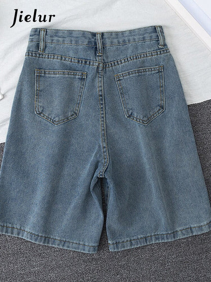 jinran 2024 New Summer Women High Waist Blue Wide Leg Denim Shorts Casual Female Solid Streetwear Stright Jeans Bermuda Shorts