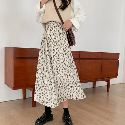 jinran Summer New Floral Print A Line Pleated Women Long Skirts 2022 Korean Fashion Elastic Waist Sweet Retro Midi Skirt Streetwear