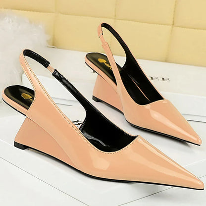 jinran 2024 Women 6.5cm High Heels Pumps Lady Pointed Toe Wedges Strange Middle Low Heels White Nude Pink Mules Patent Leather Shoes