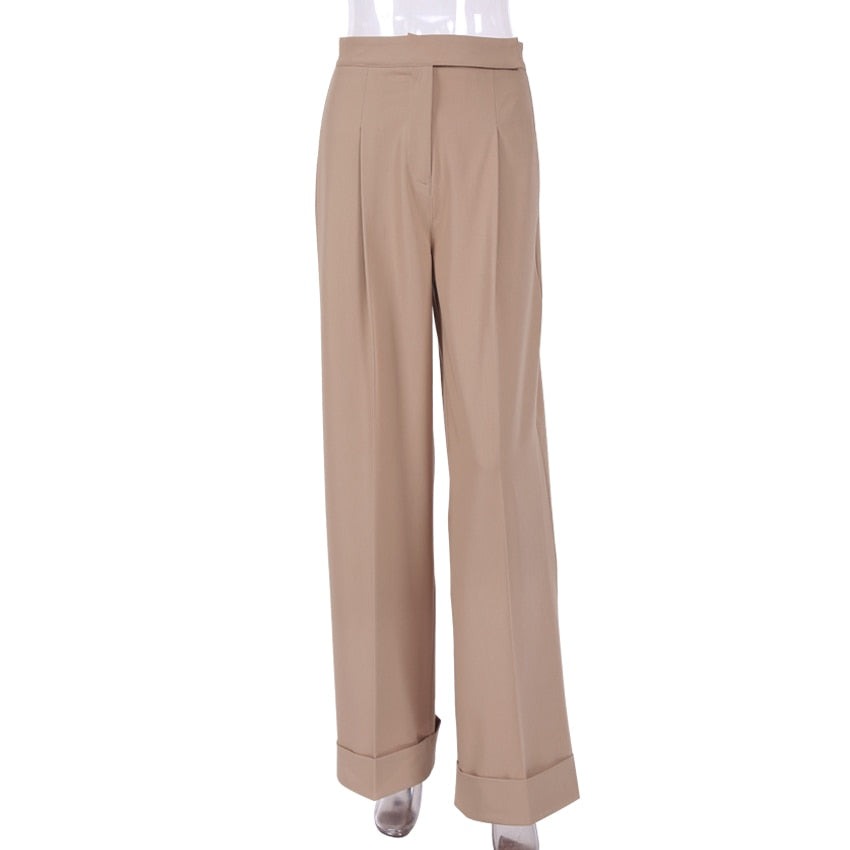 jinran Spring Summer Black Ladies Office Trousers Women High Waist Pants Pockets Female Pleated Wide Leg Pants Solid