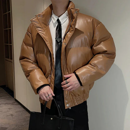 Winter Leather Jacket Men Oversize Stand Collar Casual Puffer Parka Thicken Keep Warm Bomber Jacket Hiphop Overcoat Men Clothing