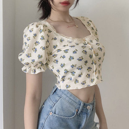 jinran Elegant French Style Summer Women Puff Sleeve Floral T shirts Casual Lace Patchwork Slim Cropped Tops Streetwear Harajuku Tee