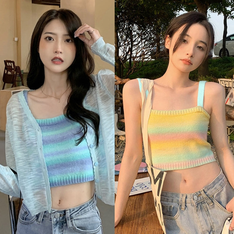 jinran Women Rainbow Striped Crop Tops Female Knitted Sleeveless Tank Tops Summer Camisoles Sweet Girls Casual Party Daily Club Vest