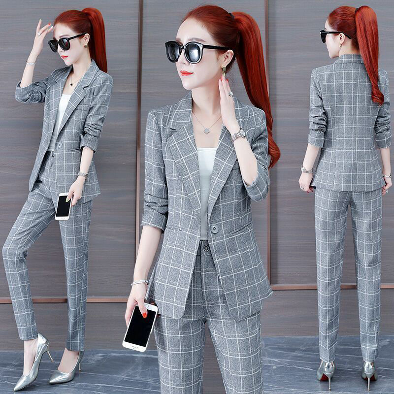 jinran Summer New Korean Fashion Elegant Women's Pants Suit Thousand Bird Lattice Slim Fit Jacket White Vest Trousers Three Piece Set