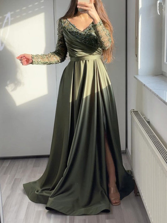 jinran Women Elegant Forma Dress 2023 Hollow Tulle Lace Patchwork Deep V-neck Long Sleeve Cascading Ruffles Fashion Swing Long Dress
