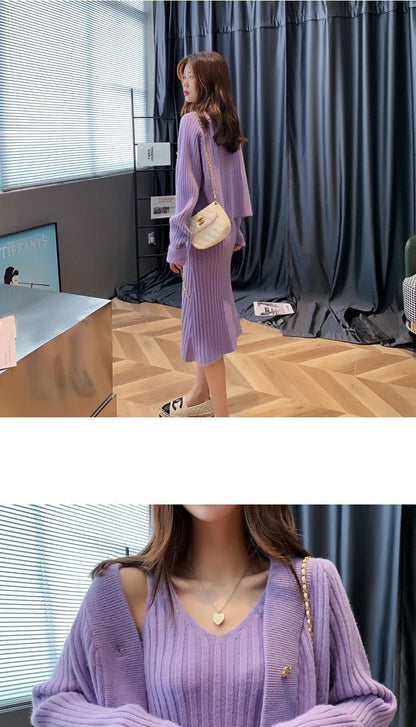 jinran Womans Clothes for Autumn Winter Loose Solid Knitwear Women's Two Piece V-Neck Casual Dress Set Long Sleeve Sweater Skirt