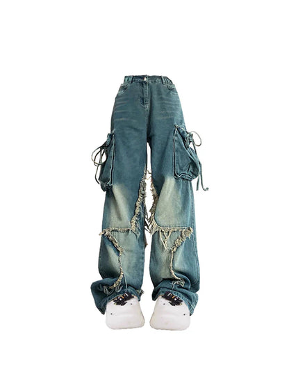jinran Women Blue Cargo Jeans Baggy Vintage 90s Aesthetic High Waist Cowboy Pants Harajuku Denim Trousers Y2k Trashy 2000s Clothes 2024