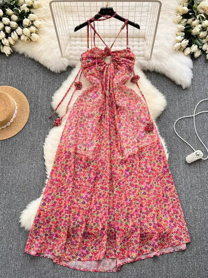 jinran Summer Sexy Spaghetti Strap Halter Beach Dress New Boho Maxi Backless Flower Print Red Chiffon Vestidos One Piece Long Robe