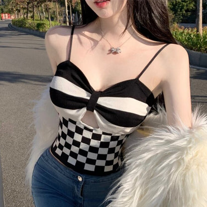 jinran Checkerboard Crop Top Women Sexy Hollowed Knitting Tank Top Bowknot Soft Comfortable Breathable Camisole 2022 New