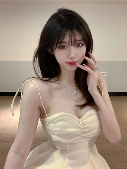 jinran Summer Spaghetti Strap Dress Pleated Backless Corset Dress High Waist Slim Short A-Line Dress Gauze Women's Spring Clothing
