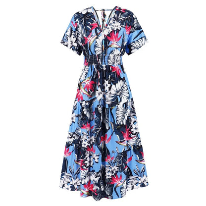 jinran Women Autumn Outfits Short Sleeve Sexy V-Neck Slim Bohemian Print Dress Popular Printed Summer Dress Women