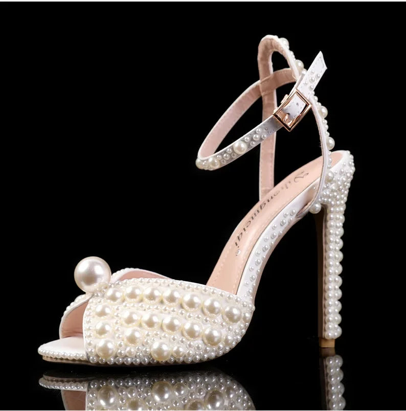 jinran Women Sandals Fashion High Quality Wedding Shoes Women New Pearls Studs Luxury Peep Toe High Heels Buckle Woman Sandal 43