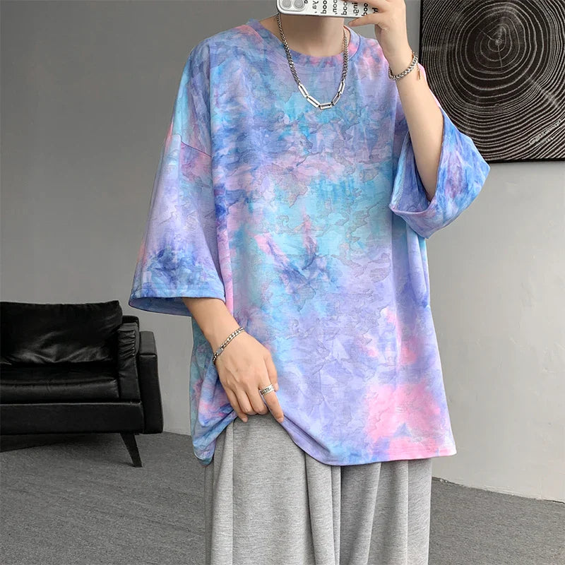 Y2k Tie-Dye T-shirt For Men Korean Streetwear 2024 Summer Short Sleeve Tee Tops O-neck Tshirts Oversized T-Shirt Couple Tees