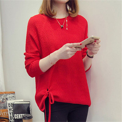 jinran Spring Summer New Solid Lace-up O-Neck Women's Clothing Hole Knitted Sweater Slight Strech Casual Loose Pullovers Long Sleeves