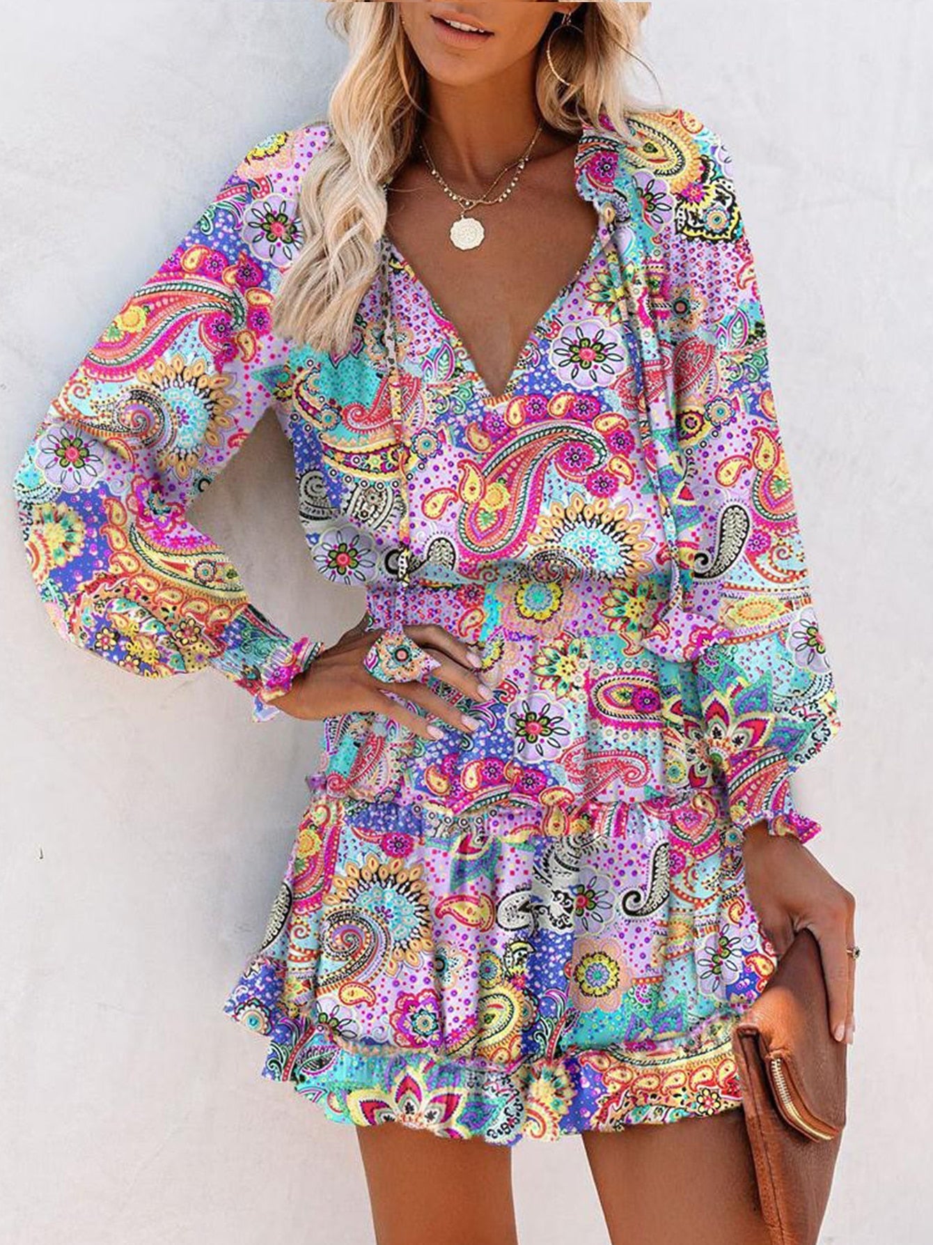 jinran Seawefit 2024 Print Chiffon Dress Ruffle Long Sleeves Mini Dresses Women Belt String Outfits Female Shirring Elegant Floral Robe