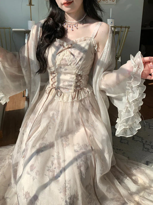 jinran Vintage Elegant Floral Dress Women Sweet Ruffles Mesh Fairy Strap Dress Female 2024 Summer Court Retro Evening Party Dress Sexy