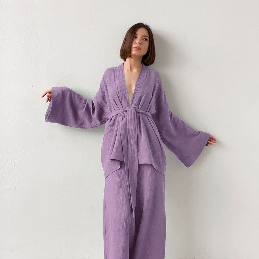 jinran Kimono Pajamas New 100% Cotton Crepe Long-Sleeved Trousers Ladies Sleepwear Suit Women's Home Service Mujer