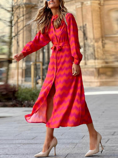 jinran 2022 Autumn New Women's Print Dress Lace Up Contrast Split Dress Bohemian Street Dress Dresses Women Oversized Bridesmaid Dress