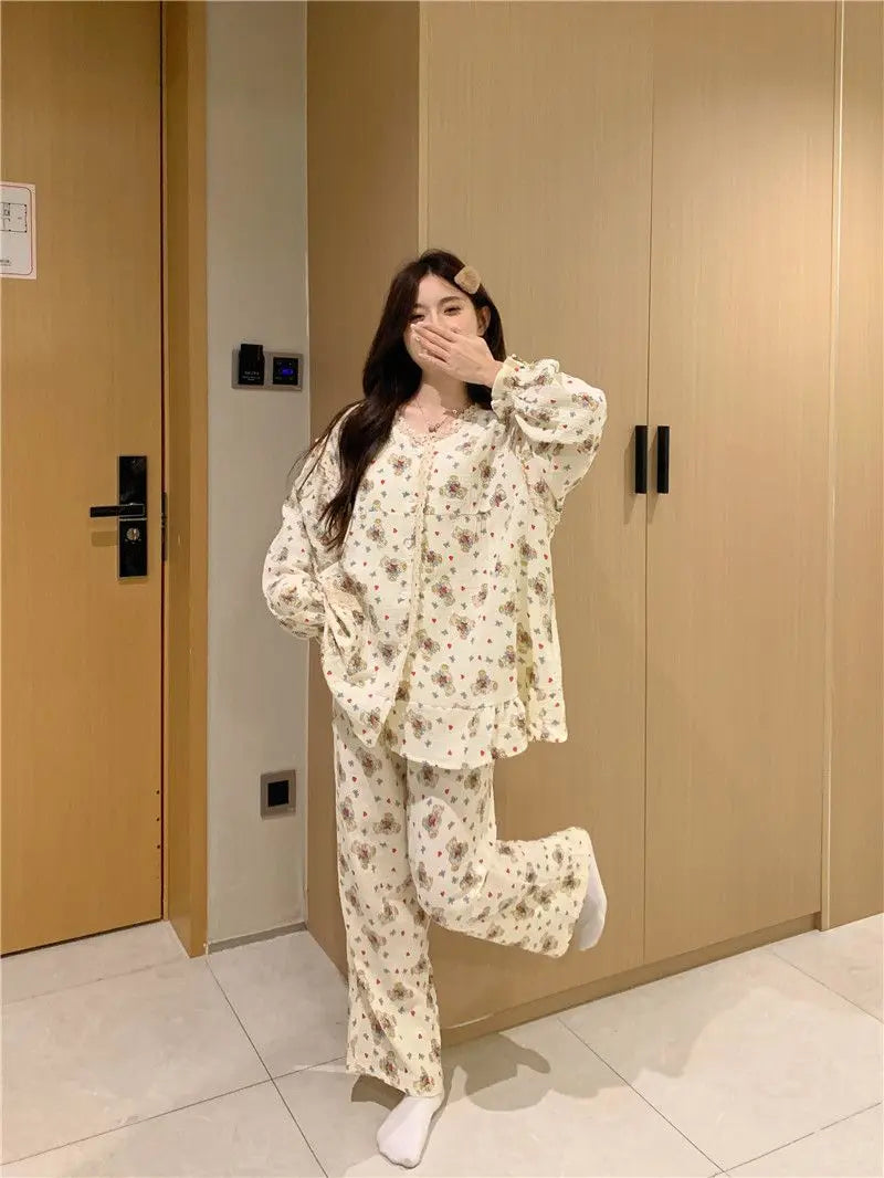 jinran 2024 New Sweet Spring Women Home Suits Female Lace Trim Cute Pajamas Sets Girls Cartoon Long Sleeves Trousers Simple Nightwear