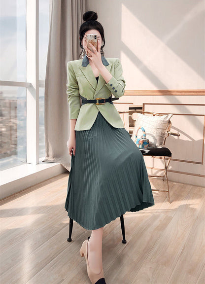 jinran 2022 Spring New Women's Two Pieces Suit Set Office Lady French Graceful Coats+Pleated Skirts Sets with Waistband Green Clothing