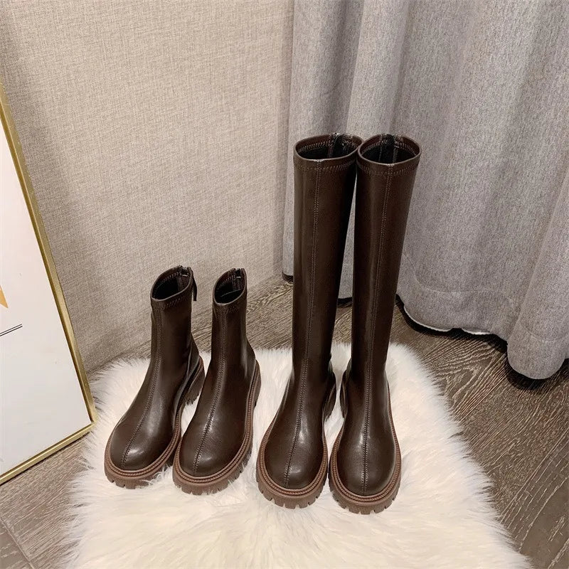 nvxiot  -  Women's Long Boots  Autumn/Winter Thick Sole Round Toe Fashion Versatile Inner Heightening British Brown Knight Boots Women