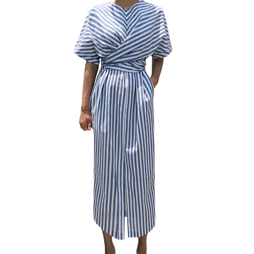 Women Summer Cotton Blue Striped Bandage Split Long Dress Long Dress Summer Elegant Casual Maxi Dress Summer Holiday Sundress