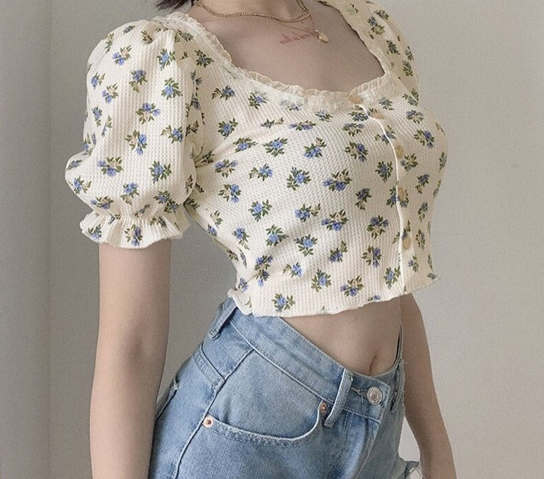 jinran Elegant French Style Summer Women Puff Sleeve Floral T shirts Casual Lace Patchwork Slim Cropped Tops Streetwear Harajuku Tee