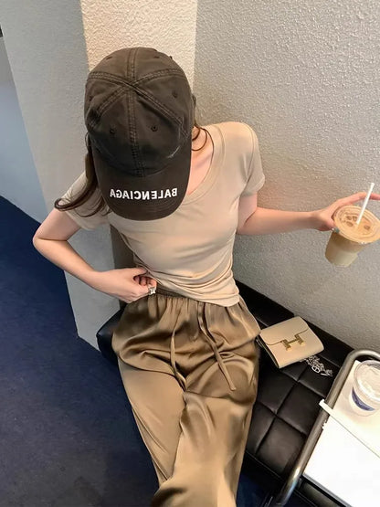 jinran High-Grade Draping Acetate Satin Wide-Leg Pants Women's Summer Thin Ice Silk Cool Smooth Pants Straight Mop Pants