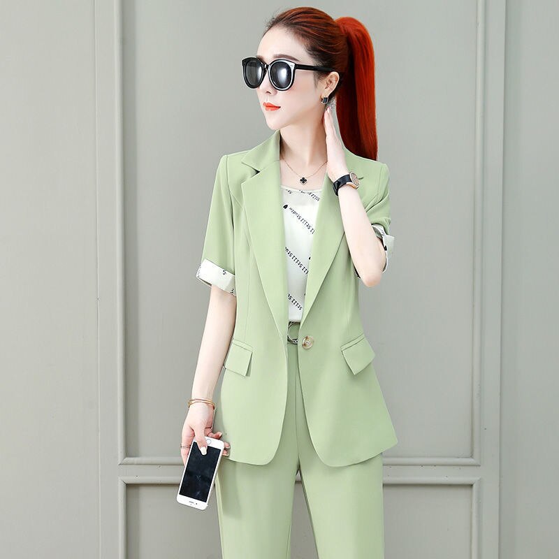 jinran 2022 Summer New French Elegant Women's Pants Suit Slim Jacket Office Blazer Casual Trousers Two-piece Set Female Tracksuit Set