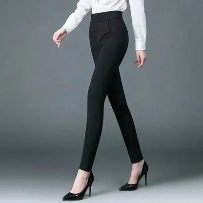 jinran Spring and Summer Women's High Waist Solid Print Pocket Patchwork Elastic Slim Elegant Commuter Fashion Casual Bottom Pants
