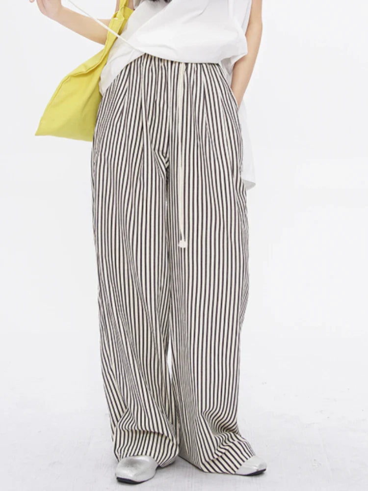 jinran  Casual Striped Wide Leg Pants Women Korean Fashion Summer Trousers Female Vintage Streetwear White Black Classic Pants