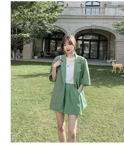 jinran Summer New Loose Casual Elegant Women's Shorts Suit Fruit Green Jacket Shorts Two Piece Set Female Tracksuit Office Leisure Suit