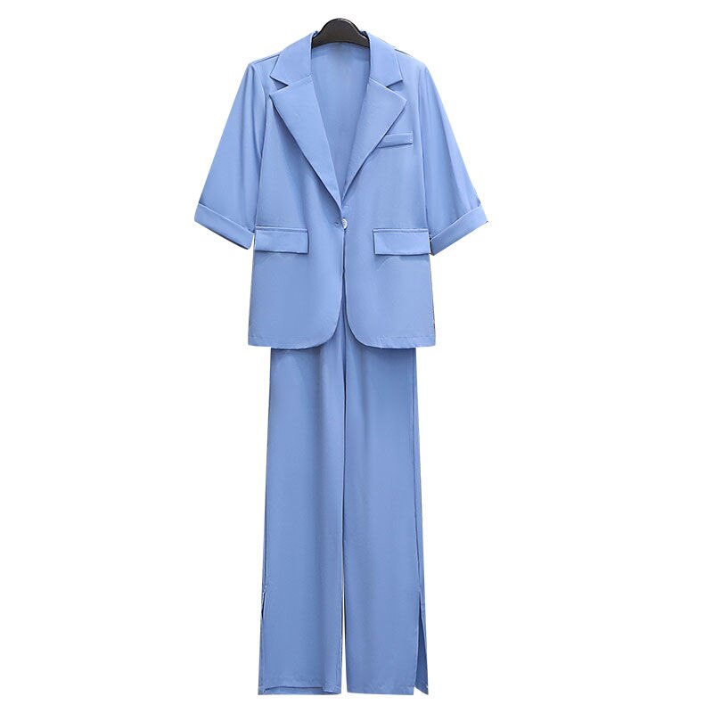 jinran 2022 Summer Loose 2 Pcs Pants Set Korean Women Casual Short Sleeve Coats+Trouser Suit Office Lady Graceful Joker Blue Clothes