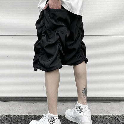 Y2K Summer Thin Qucik Dry Drawstring Shorts Men's Ruched Streetwear Wide Leg Baggy Five Point Pants Oversized Pleated Short