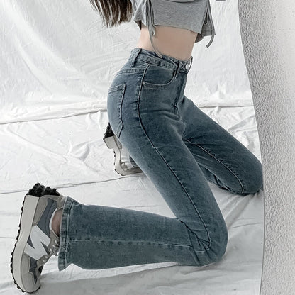 jinran Jeans Women Solid Blue Sexy Slimhigh Waist Jean Simple Ladies  Full Length Mom Cowboy Denim Flared Pants Mujer 2022 Spring New