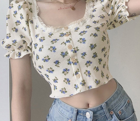 jinran Elegant French Style Summer Women Puff Sleeve Floral T shirts Casual Lace Patchwork Slim Cropped Tops Streetwear Harajuku Tee