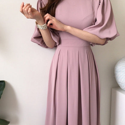 jinran Korean Solid Casual Chic Elegant Dress for Women High Waist O-Neck Straps Short Lantern Sleeves Pleated Midi Dresses Summer