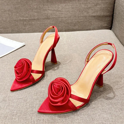 jinran Summer Fashion Silk Rose Flowers Pointed Open Toe Back Strap Sandals Women Red High Heels Wedding Prom Shoes Zapatos Mujer