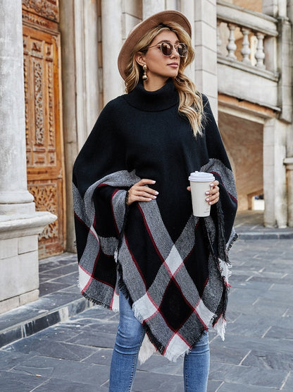 jinran Autumn Winter New Turtle Neck Plaid Fringed Shawl Cloak Fashion Casual Coat Cloak Pullover Women Sweater Long Sleeve Top