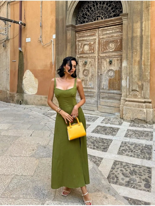 nvxiot  -  Square Neck Green Sling Long Dresses Women Elegant Front Split Sleeveless Sexy Dress Female Summer Vintage Holiday Robes