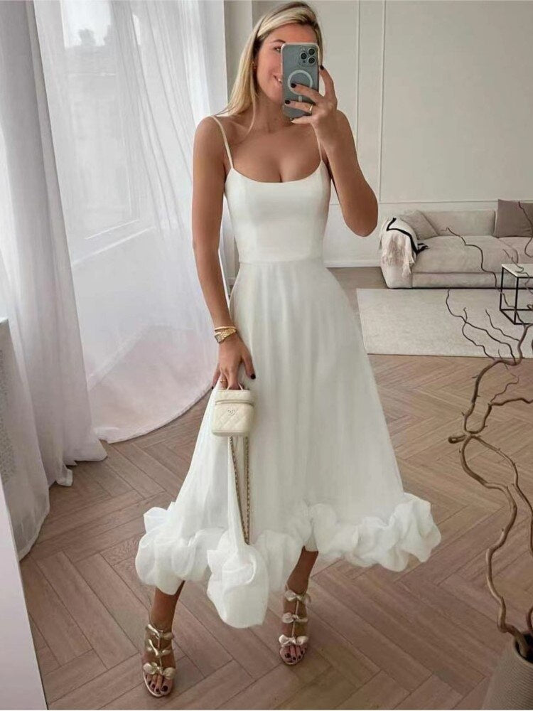 jinran Female Sexy Solid Ruffle Hem Sling Long Dress Women Fashion Sleeveless A Line Dresses New Spring Lady Evening Party Vestido