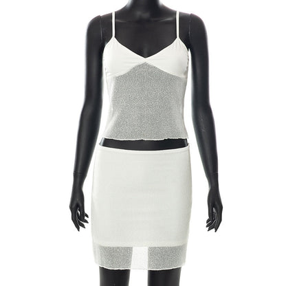 jinran Women Fashion Tow Piece Set Solid Mesh Suspenders Vintage Mini Skirts Sets White Female Clothing 2022 New See-through