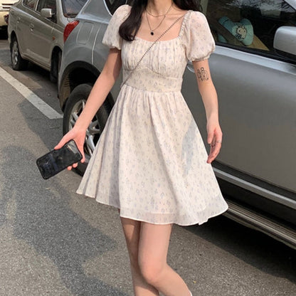 jinran Dresses Women Puff Sleeve Holiday Sundress Hollow Out Floral Design Korean Style College Lovely Simple Trendy Summer Vestidoes