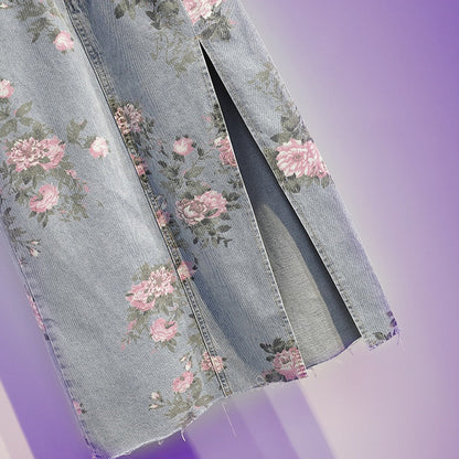 jinran Spring And Summer Trendy Flower Split Denim Skirt Women's 5XL Slightly Fat MM Thin Bag Hip Mid-length A-line Skirt