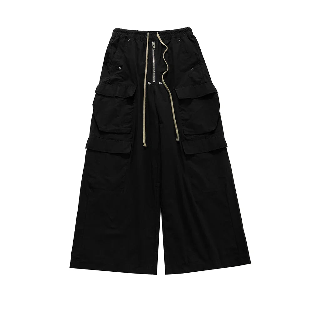 Wide Leg Drawstring Black Cargo Pants Unisex Straight Baggy Casual Overalls Men's Streetwear Loose Oversized Trousers