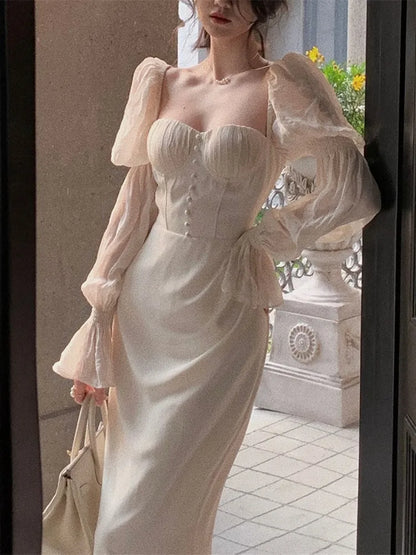 jinran Elegant Party Dresses For Women Vintage Long Dress Off Shoulder Long Sleeve Autumn Spring Prom Robe Slim One Piece Vestidos New