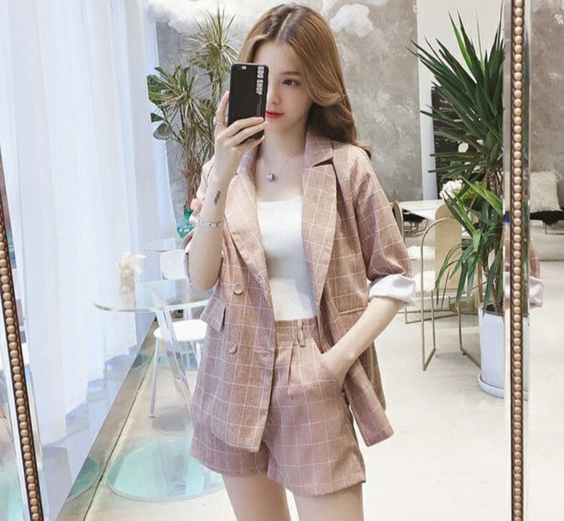 jinran Spring Summer Women Thin Casual Blazer Korean Fashion Graceful Plaid Suit Coat+Short Pants Two Pieces Set Workwear Female